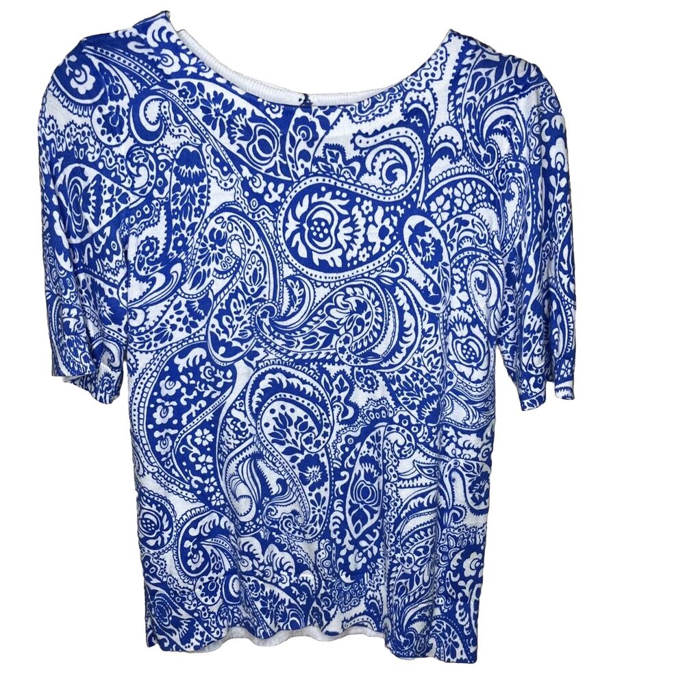 Womens M Blouse Shirt Floral Blue Knit Boat Neck Short Sleeve Key Hole Talbots
